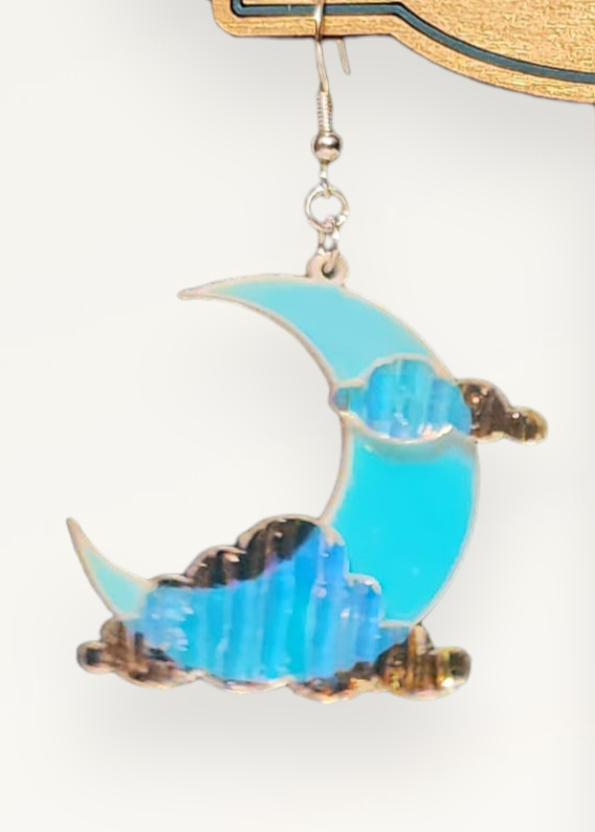 Holographic Crescent Moon and Cloud Dangling Earrings