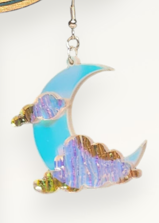 Holographic Crescent Moon and Cloud Dangling Earrings